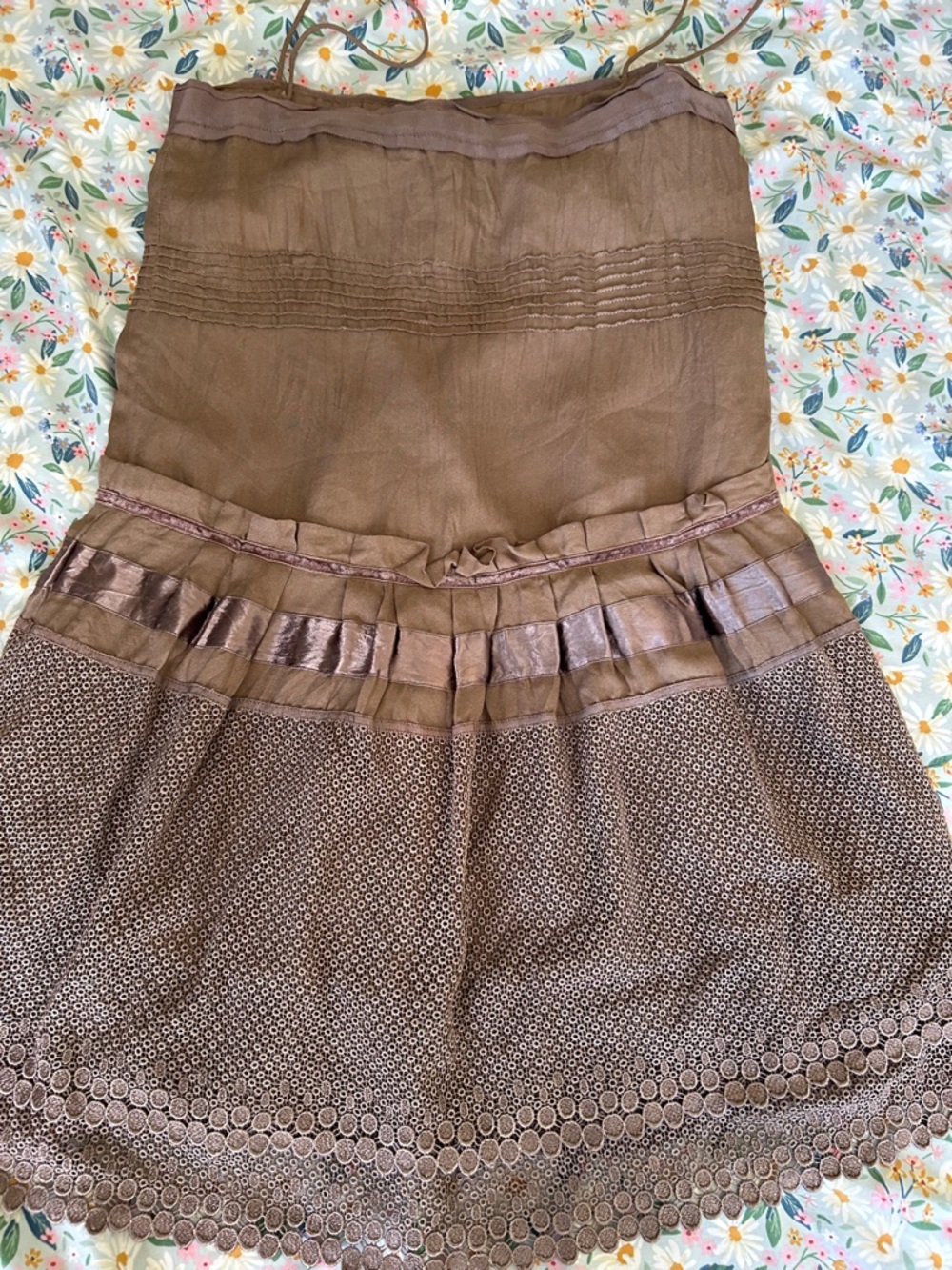 Women's Brown Tiered A-Line Skirt with Lace Trim